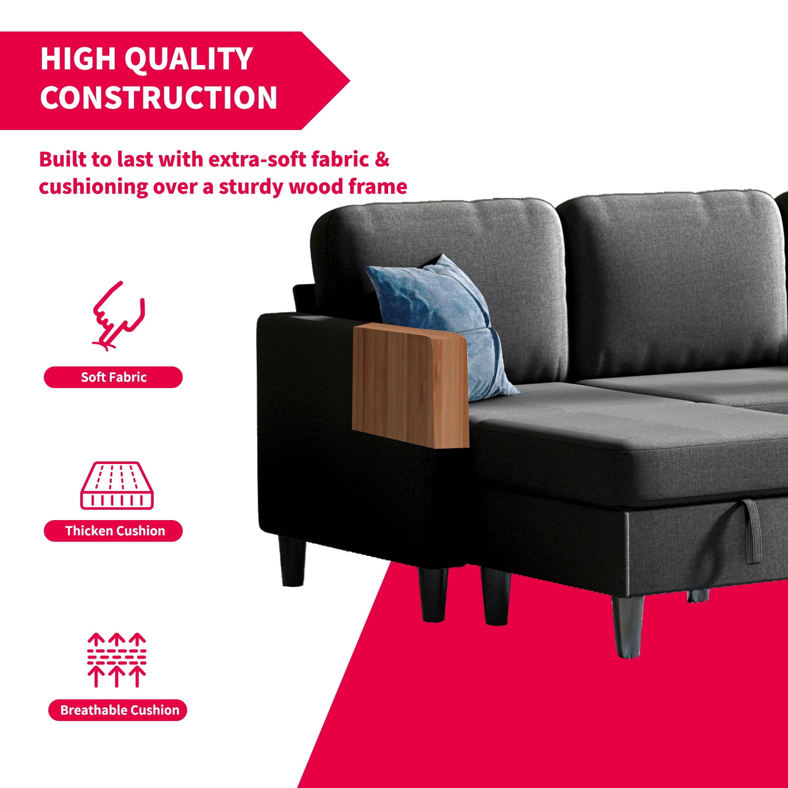 MUZZ Sectional Sofa Couches Set for Living Room (3-Seat Sectional Sofa&Loveseat Sofa/Dark Grey)