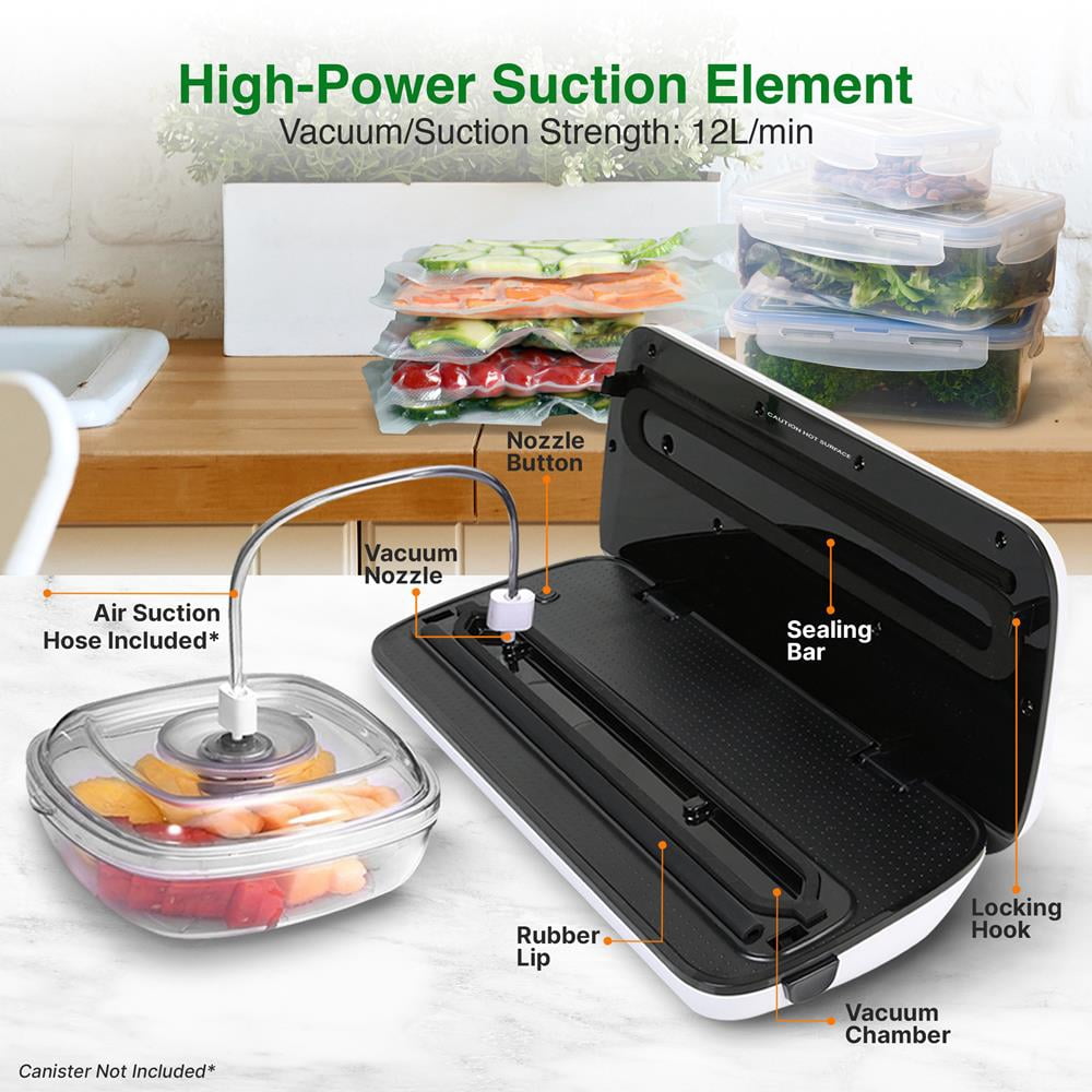 NutriChef Automatic Food Vacuum Sealer, High Suction Air Sealing Machine for Dry & Moist Foods, LED Touch Controls, Includes Bags, Hose & Wine Stopper