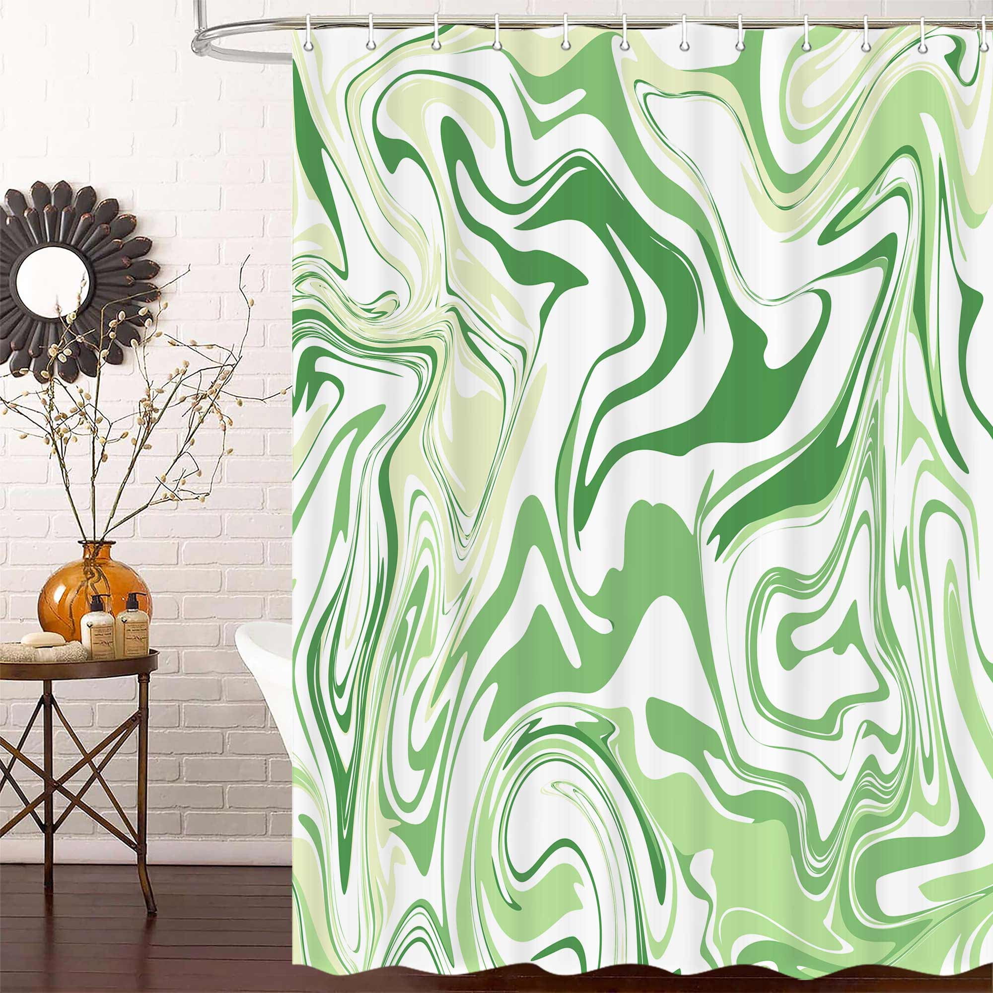 Aesthetic 70S Abstract Wavy Swirl Shower Curtain,Cute Sage Green Marble Bath Curtain, Modern Ombre Retro Boho Minimal Bathroom Accessories Groovy Teen Girls Bathroom Curtain Liner Set Hooks