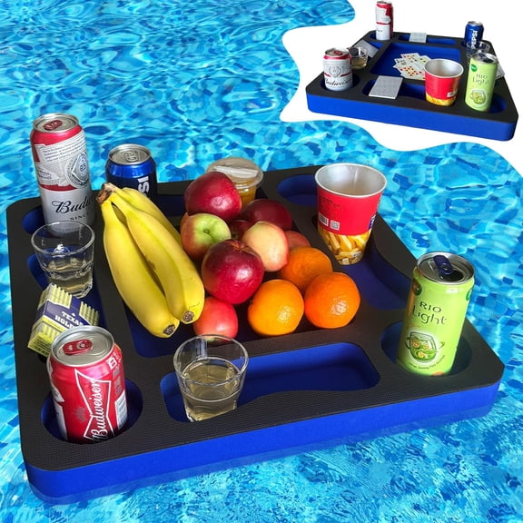 Floating Pool Games Table for Adults - All-in-One Drink Holder & Refreshment Station for Pool, Beach, Hot Tub,Waterproof Cards Included,Summer Party Essentials (Black-Blue, 19 * 19 Inch)