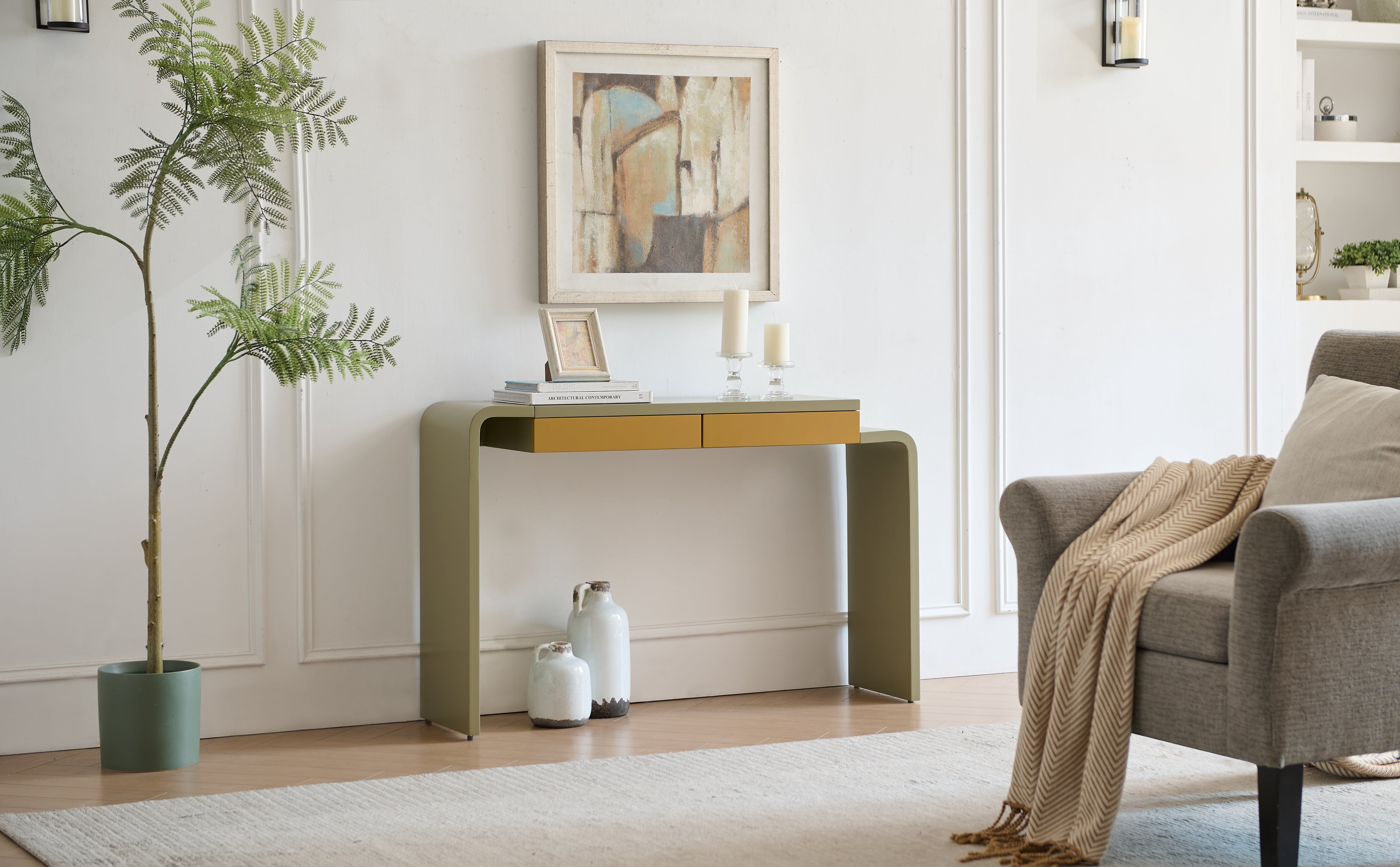Kings Brand Furniture Yuma Wooden Console Table - Contemporary Thin Sofa Table, Side Table, Entryway Table with 2 Drawers Perfect for Hallway, Living Room, Foyer (Lemon Pepper)