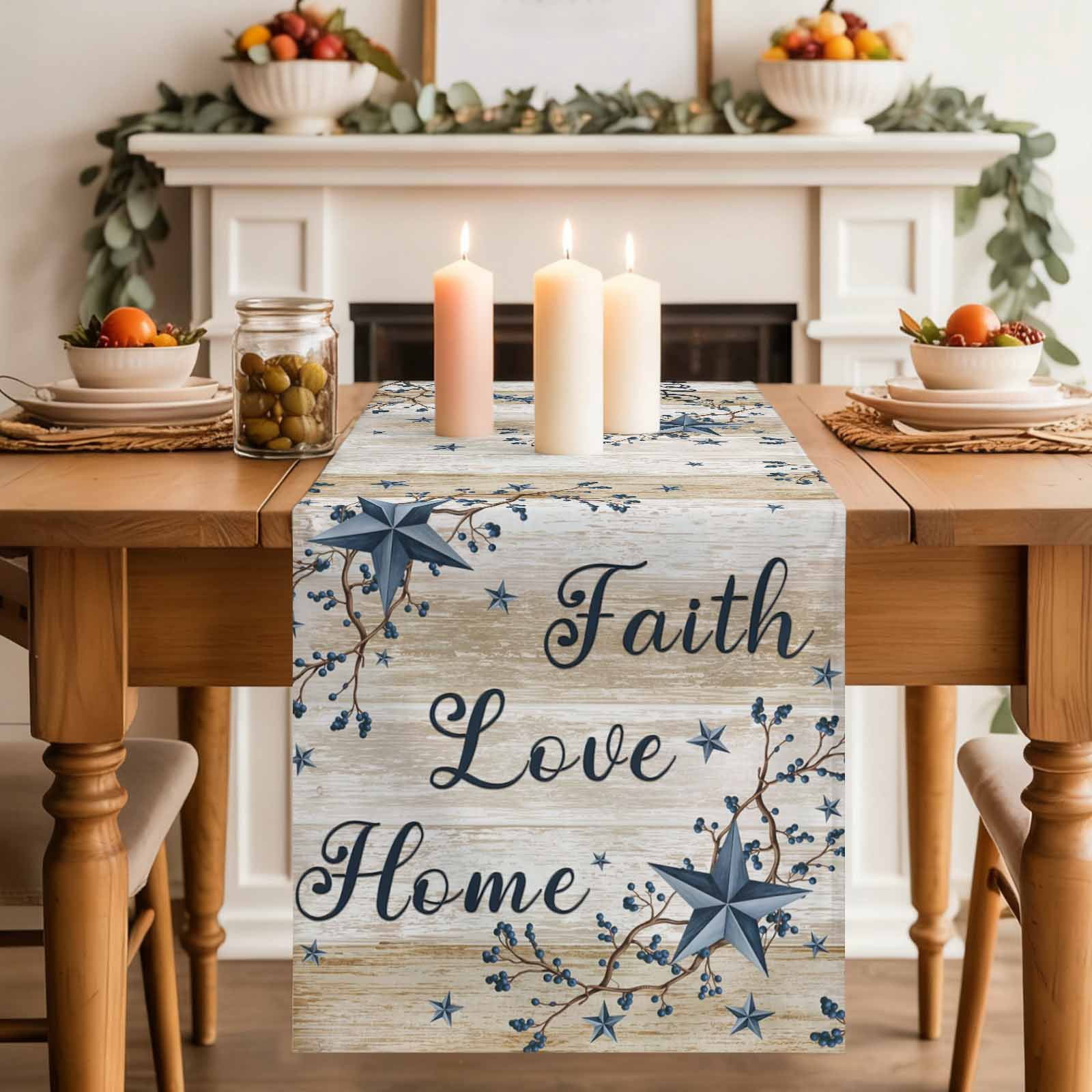 Vintage Country Cotton Linen Table Runner for Dining Kitchen, Blue Rustic Texas Star Vines Wooden Grain Wedding Outdoor Party Tablerunners, Dresser Scarf Coffee Tablecloth Runners 13x60 Inches