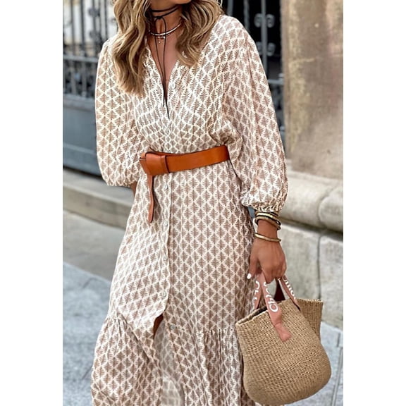 Geometric Print Puff Sleeve Midi Dress, Beige, Small