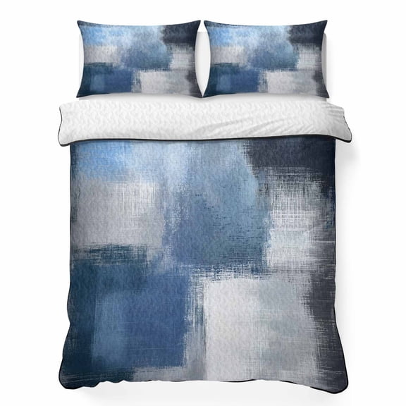 King Quilt Set 96''x106'', Navy Blue Ombre Lightweight Summer Bedspread Coverlet Set with 2 Pillow Shams, Modern Oil Painting Geometric Breathable All Season Quilt Bedding for Bedroom/Guest Room