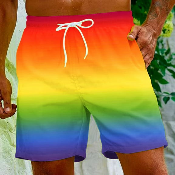 Jacenvly Mens Shorts Gradient Color Casual Board Shorts for Men Swimming Soft Satiny Men's Gradient Printing Special Print Beach Trouser Shorts Pants Multicolor