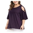 thumbnail image 4 of Unique Bargains Women's Plus Solid Strappy Cold Shoulder Trumpet Sleeve T-shirt, 4 of 5
