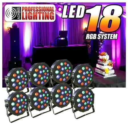 8 Piece Up-Lighting - Full RGB Color Mixing LED Flat Par Can - 18 LEDs per light  w/Easy Remote - DJ