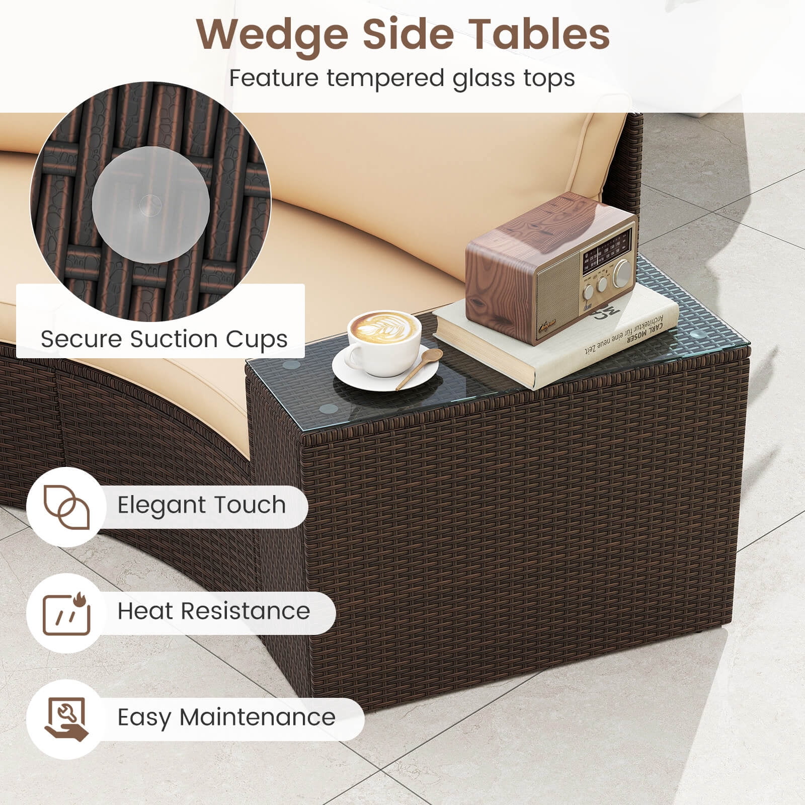 Costway 7 PCS Patio Furniture Set with Tempered Glass Top Side Tables Back & Seat Cushions