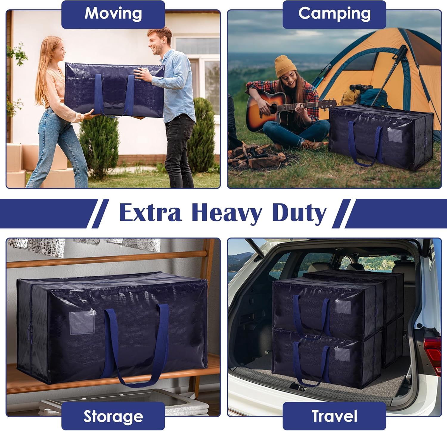 Extra Large Heavy Duty Moving Bags, 12 Pack with Reinforced Zipper & Wide Handles, Moisture-Resistant Storage Bins Packing Cubes for Clothes, College Dorm, Travel, and Home Organization, Dark Blue