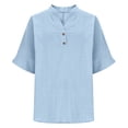 thumbnail image 3 of Cotton Linen Shirts Short Sleeve V-Neck Tops Button Down Gauze Tees Casual Dressy Tunic Top Plus Size Gauze Casual Tops Pleated Tops Loose Fit Beach Vacation Tees Cotton Linen Shirt Light Blue 5Xl, 3 of 9