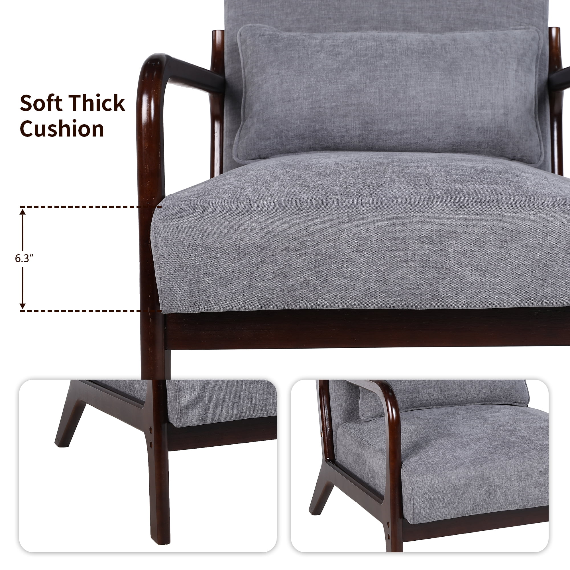 Mid Century Accent Chair with Solid Wood Frame, Upholstered Modern Reading Armchair with Lumbar Pillow, Comfy Lounge Chair for Living Room, Grey