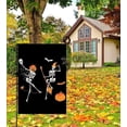 thumbnail image 4 of Funny Skeleton with Hat Broom Autumn Pumpkin Leaves Bat Spider Web Happy Halloween Garden Yard Flag 12"x 18" Double Sided Polyester Welcome House Flag for Patio Lawn Outdoor Home Decor, 4 of 6