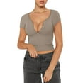 thumbnail image 2 of Coduop Women Short Sleeve T-Shirt,V-Neck Button Closure Slim Fit Summer Casual Basic Tees Tops, 2 of 5