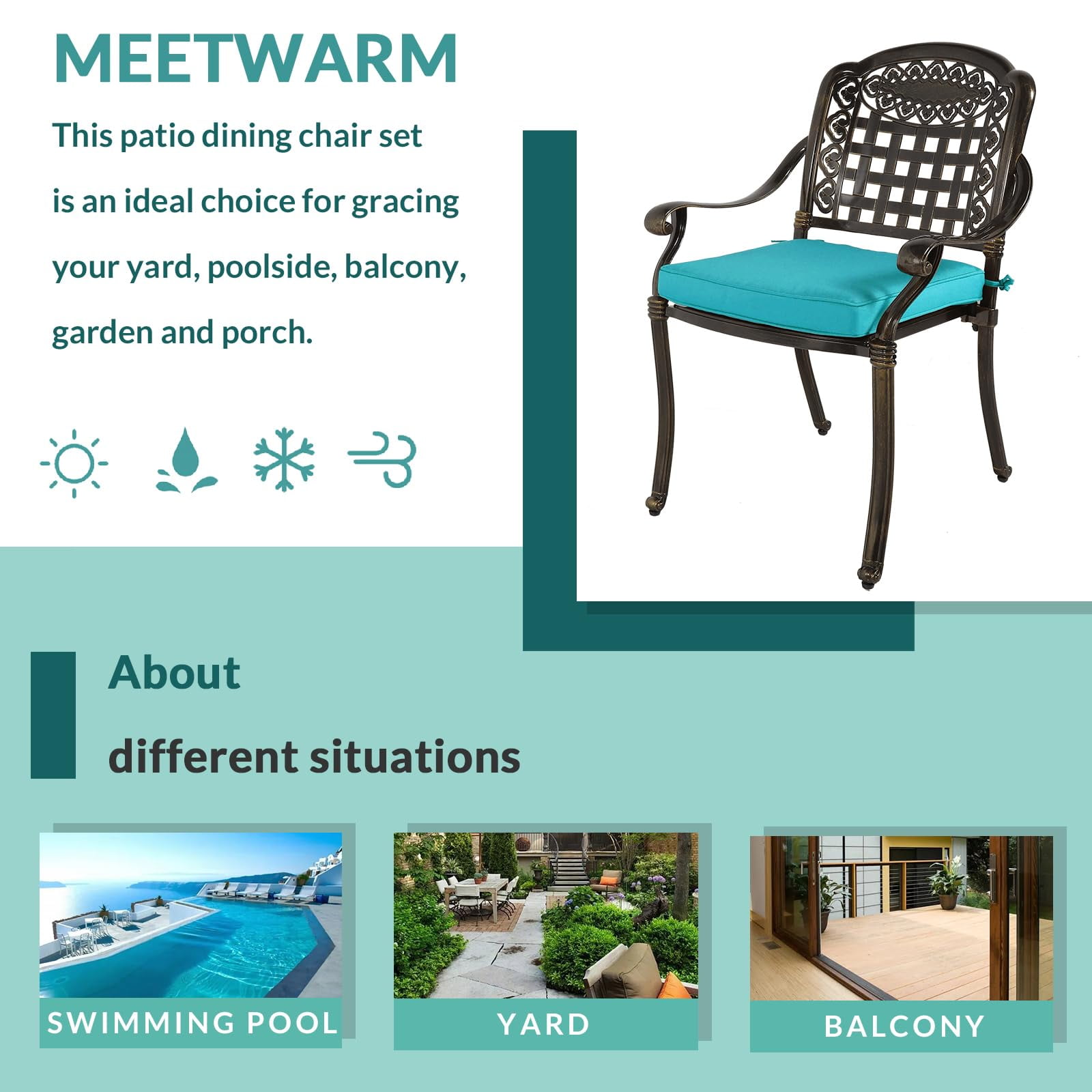 MEETWARM 2 Piece Patio Dining Chairs with Cushions, Outdoor All-Weather Cast Aluminum Chairs, Patio Bistro Dining Chair Set, Ocean Blue