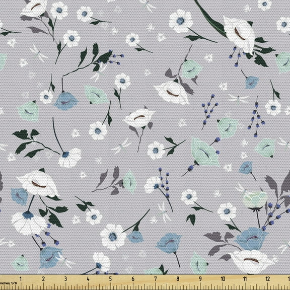 Ambesonne Botanical Fabric by the Yard Upholstery, Blooming Flower Patterns, 2 Yards, Ceil Blue Pale Seafoam