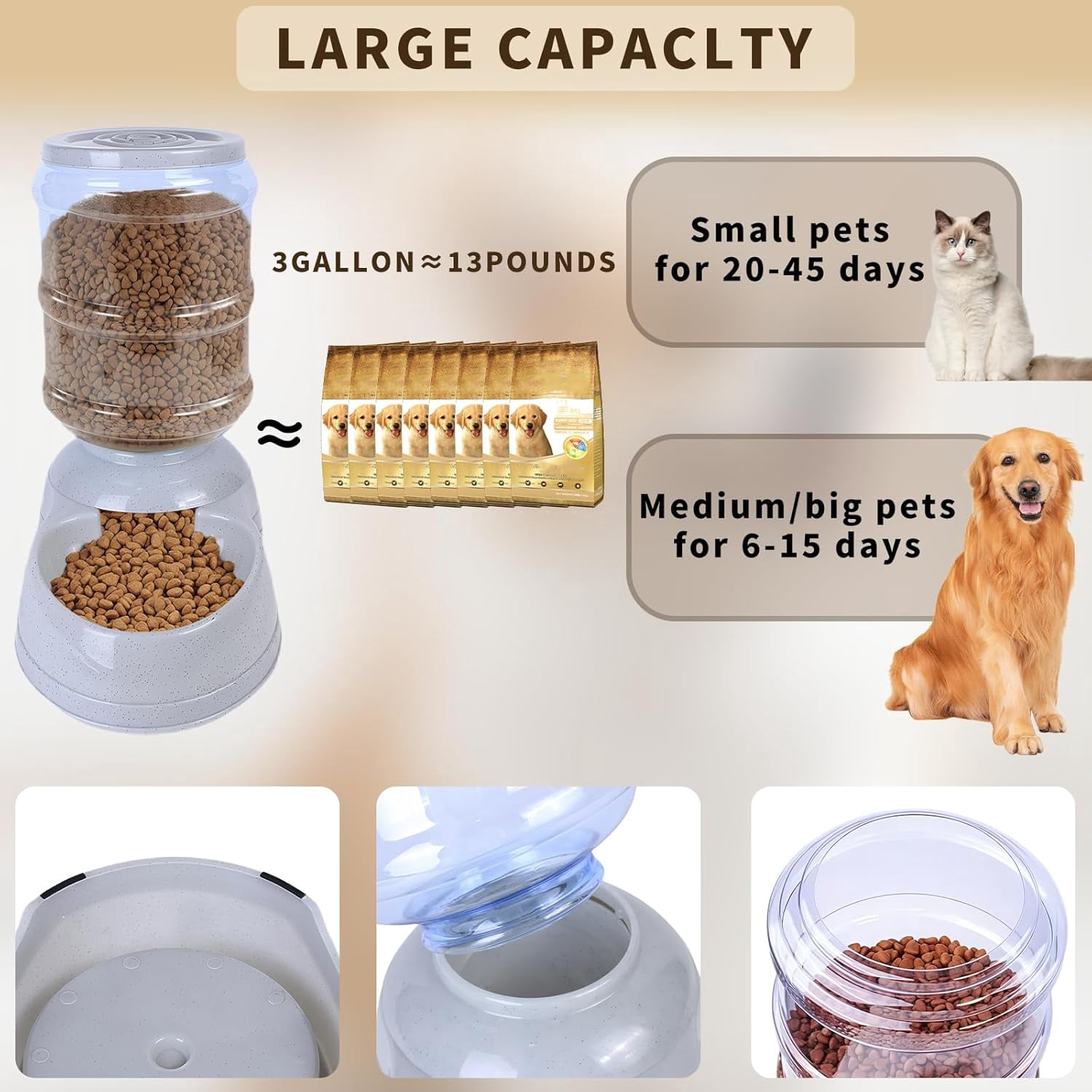 Automatic Dog Feeder 3 Gallon Gravity Food Dispenser for Large Dogs and Cats with Transparent Container