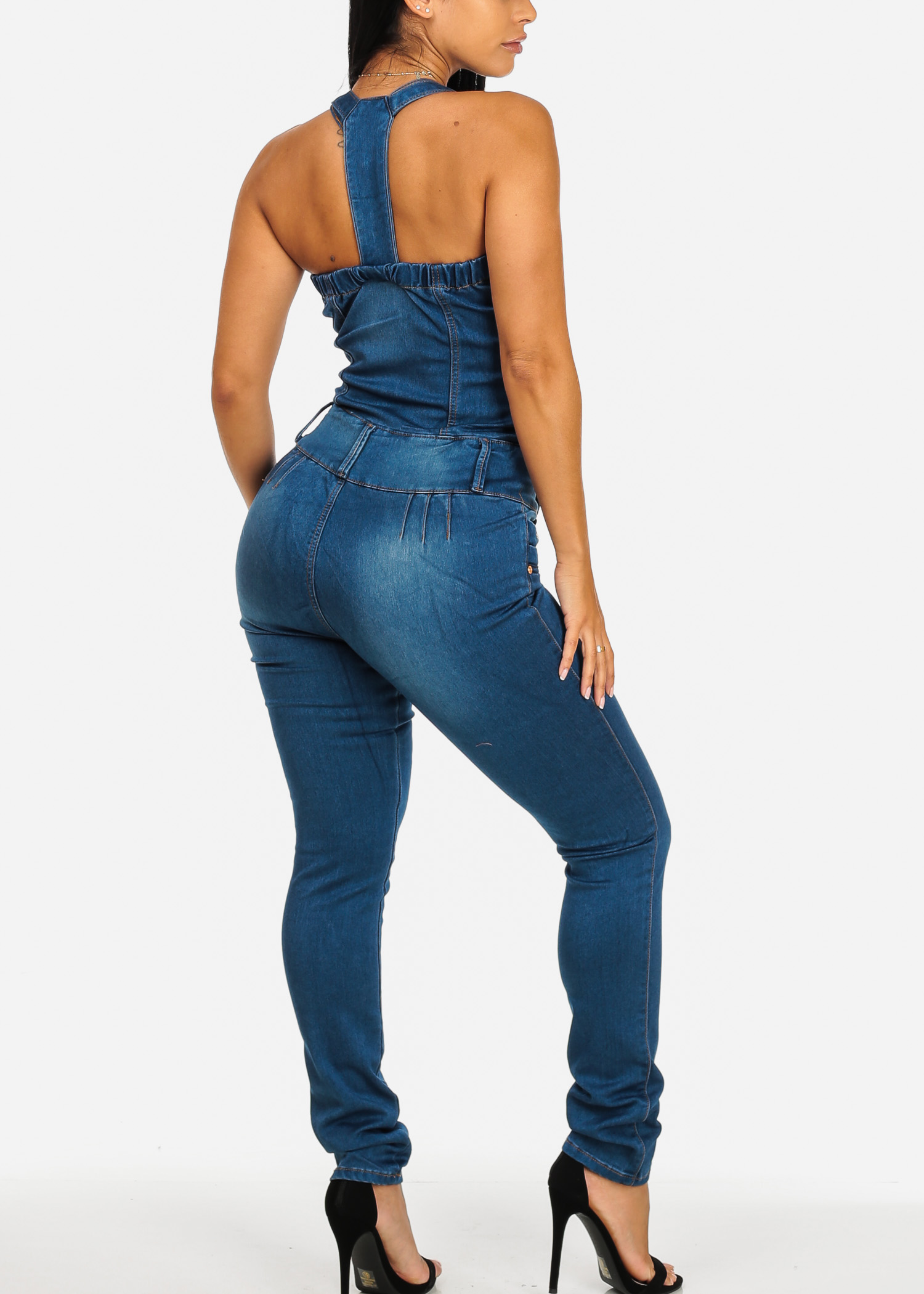skinny leg denim jumpsuit