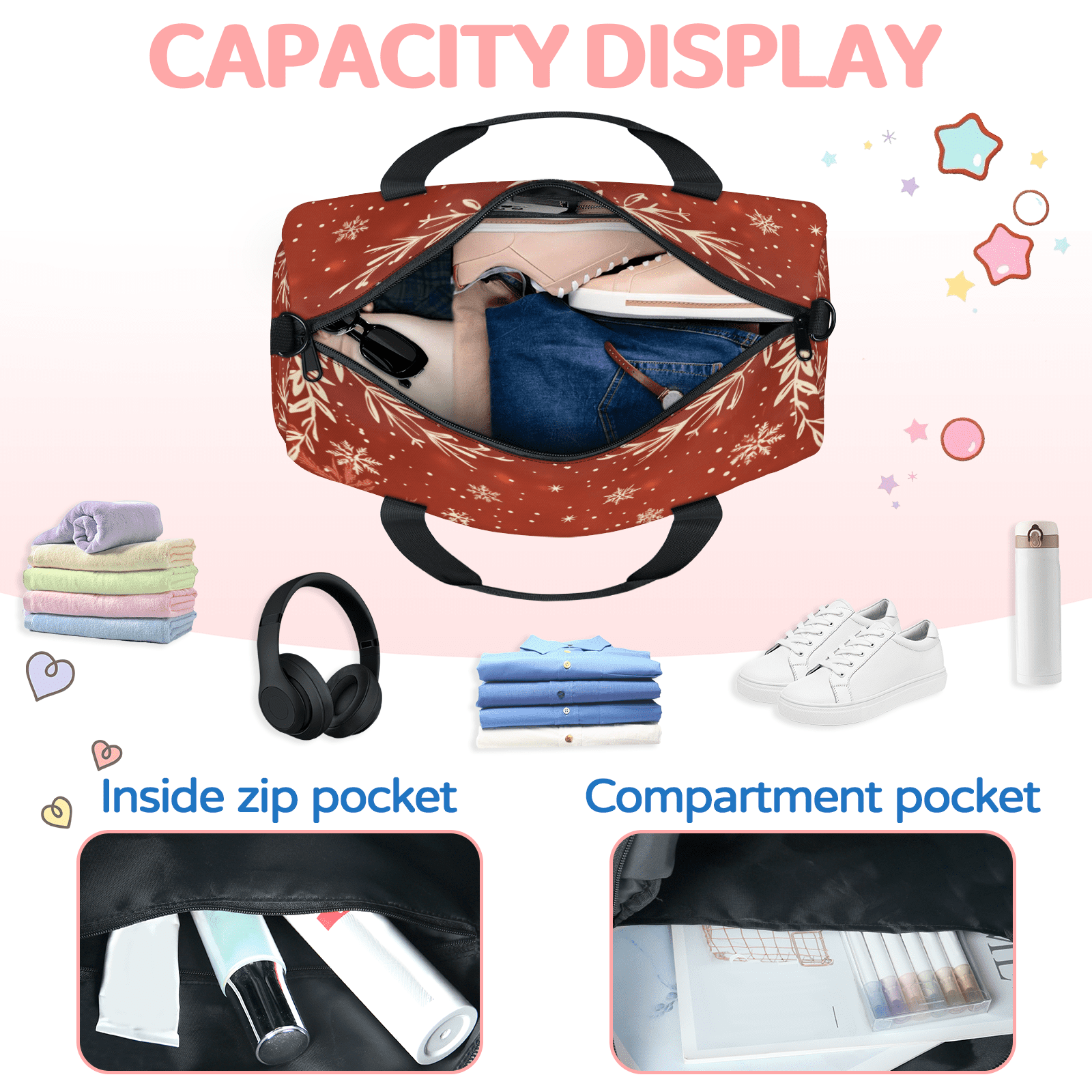 Herdesigns Reindeer And Holly Christmas Gym Bag for Women, Duffle Bag for Travel Sport, Lightweight Waterproof Carry on Weekender Overnight Dance Yoga Workout Bags
