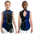 thumbnail image 5 of YiZYiF Kids Girls Tassel Latin Jazz Dance Leotard Sleeveless Sparkly Rhinestone Gymnastics Leotard Navy Blue 12, 5 of 6