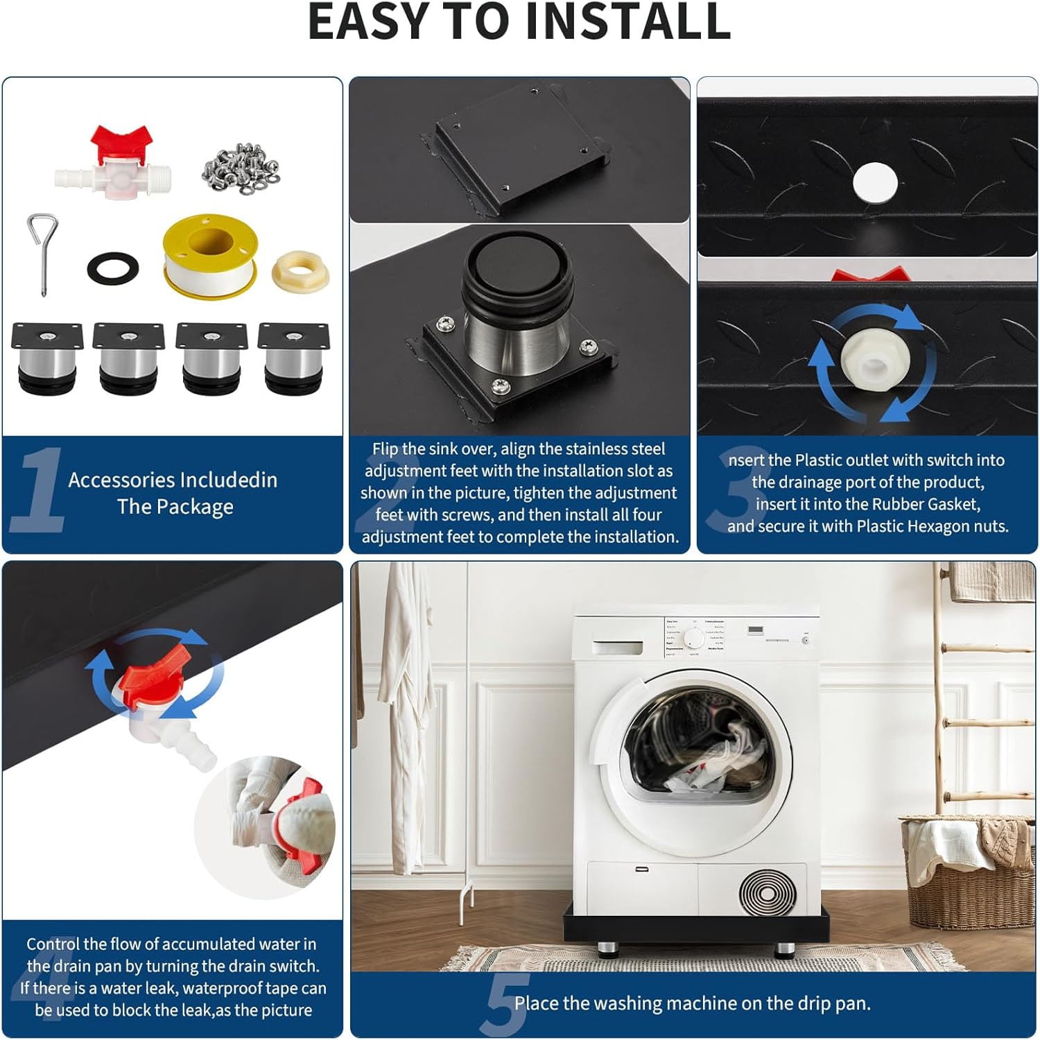 Studyset Heavy-Duty Carbon Steel Washing Machine Pan - 24x24x2in Rust-Free Water Damage Protection with 4 Anti-Vibration Feet, Easy Install No-Hole Design