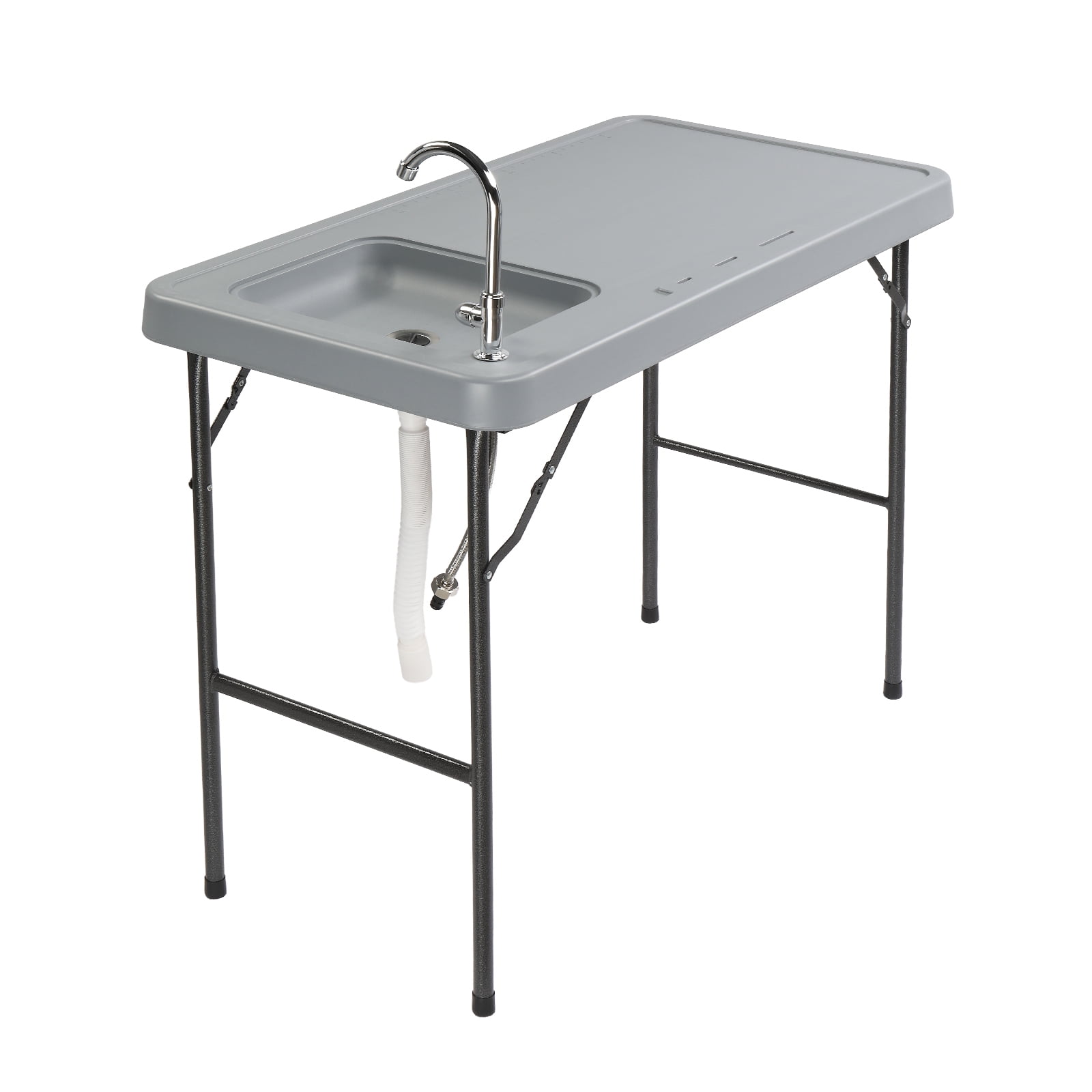 Folding Portable Fish Fillet Table with Sink & Faucet, HDPE Top Steel Frame Camping Prep Table for Fishing Picnics Outdoor Activities, Grey