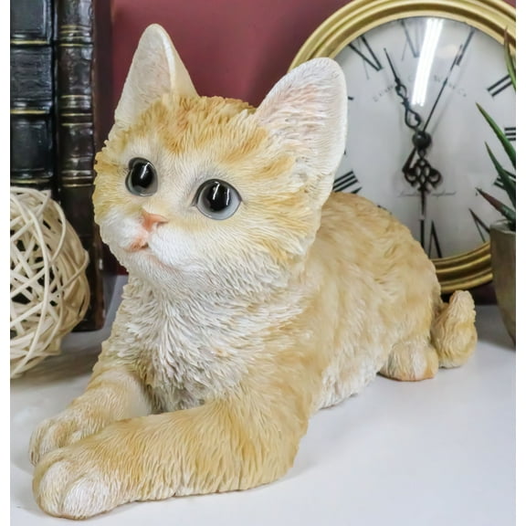 Resting Feline Orange Tabby Cat Kitten Figurine With Realistic Glass Eyes Decor