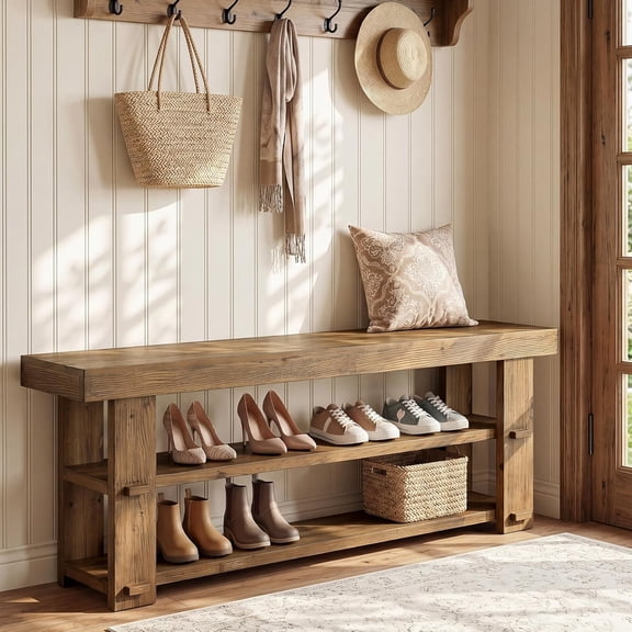 Tribesigns Solid Wood Entryway Bench, 55'' End of Bed Bench with 2-Tier Shoe Storage Shelves for Entryway, Mudroom, Rustic Brown