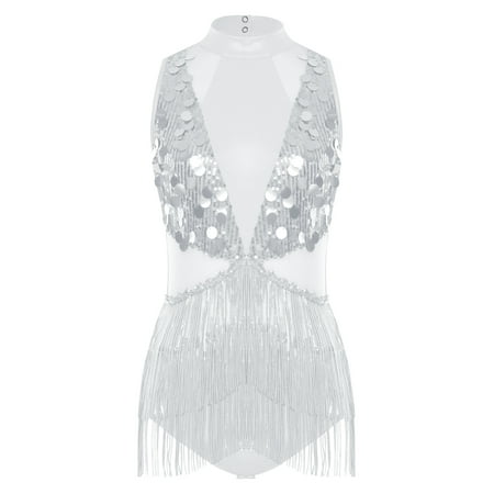 SiiRoh Women Latin Jazz Dance Leotard Mock Neck Sleeveless Shiny Sequin Fringe Dancing Bodysuit Dress Silver L