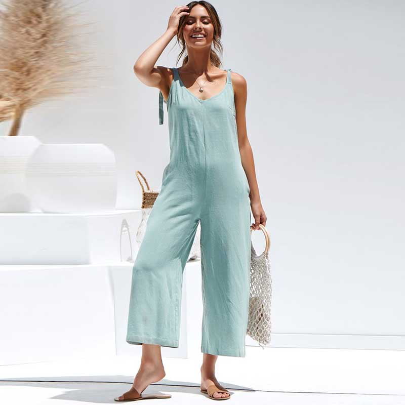 Zantt Women Loose Fit Sleeveless Casual Solid Color Bow Tie Jumpsuit Romper