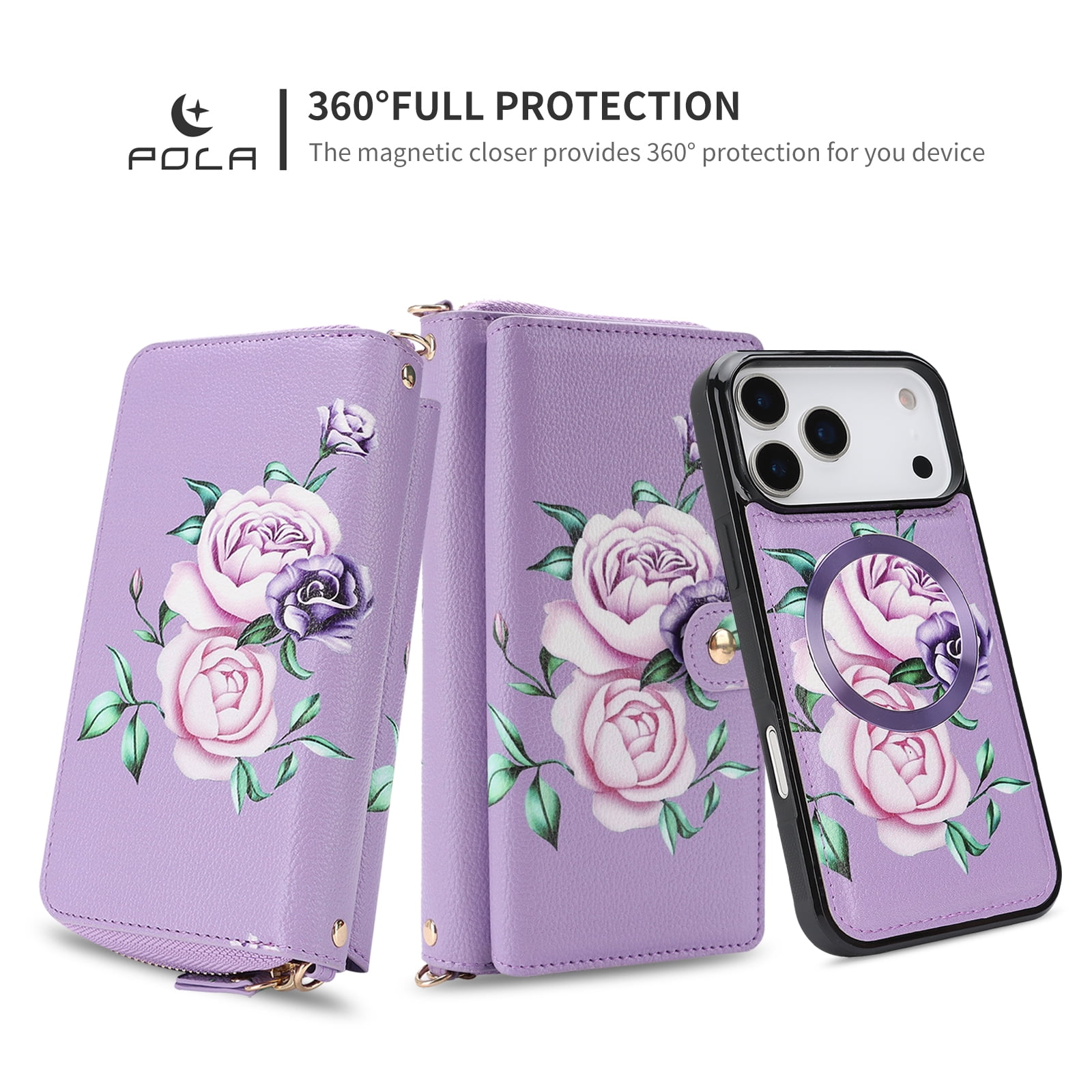 TECH CIRCLE 2-in-1 Wallet Case for iPhone 16 Pro (6.3", 2024), Detachable Magnetic Back Cover, Flip Flower Phone Case with 15 Card Slots, Zipper Pocket, Crossbody Strap, Wrist Strap, Purple