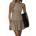thumbnail image 3 of Women Dresses Cute Sleeveless Boat Neck Bowknot Ruffle Pleated A Line Flowy Zipper Mini Dress Khaki S, 3 of 9