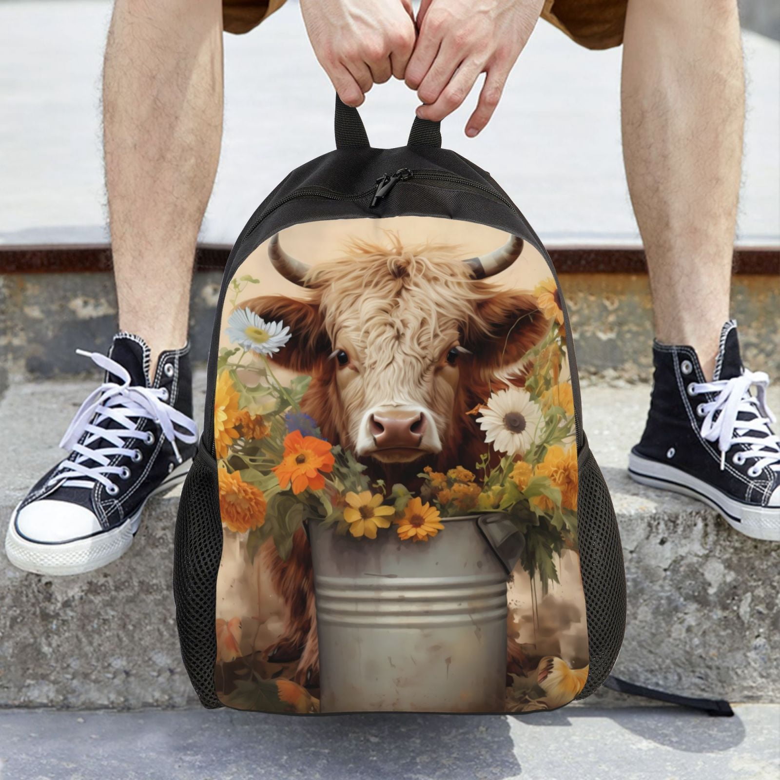 Xecao Bucket Flower Cow Print School Backpack with Laptop Compartment Small Travel Laptop Backpack for Women Men Waterproof College Backpack Simple School Bag