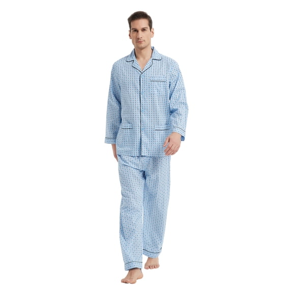 GLOBAL Mens 100% Cotton Long Sleeve Pajama Set, Breathable Lightweight Button Down Nightwear with Pants, S-3XL