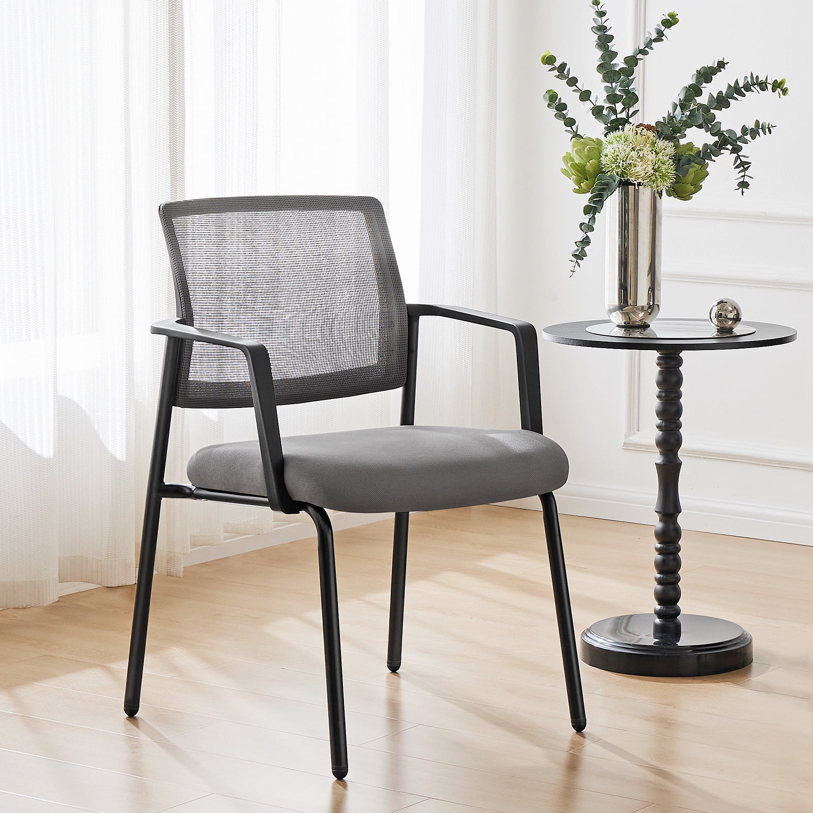 MAYEERTY 2 Pack Mesh Back Stacking Arm Chairs, Guest Reception Chairs, Ergonomic Office Chair with Armrests, Gray