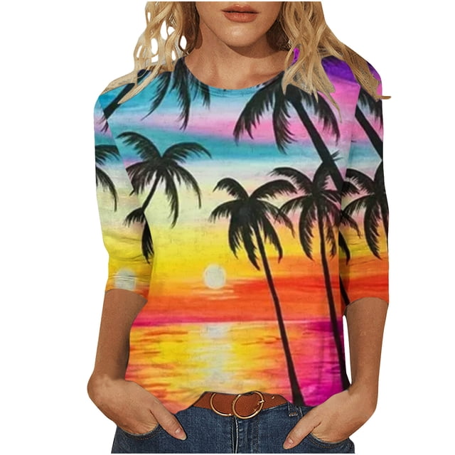 Birdeem T-Shirt Imprimé Mode pour Femmes Manches 3/4 Mi-Longueur Blouse Col Rond Hauts Décontractés