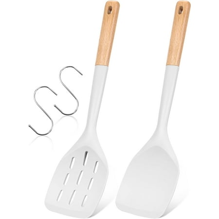 

Pack of 2 Silicone Spatula Non Stick Cooking Utensil Set Wooden Handle Kitchen Turner for Baking Mixing Grilling Serving Food Heat Resistant Non Scratch Hooks Included