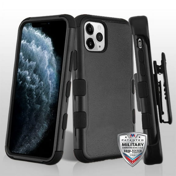 Apple iPhone 11 PRO MAX Phone Case Hybrid Armor HOLSTER [Three Layers] Kickstand [Carrying Belt Swivel Clip Holster] Drop-Proof Rubber Silicone TPU Rugged Protective BLACK Cover for iPhone 11 Pro Max