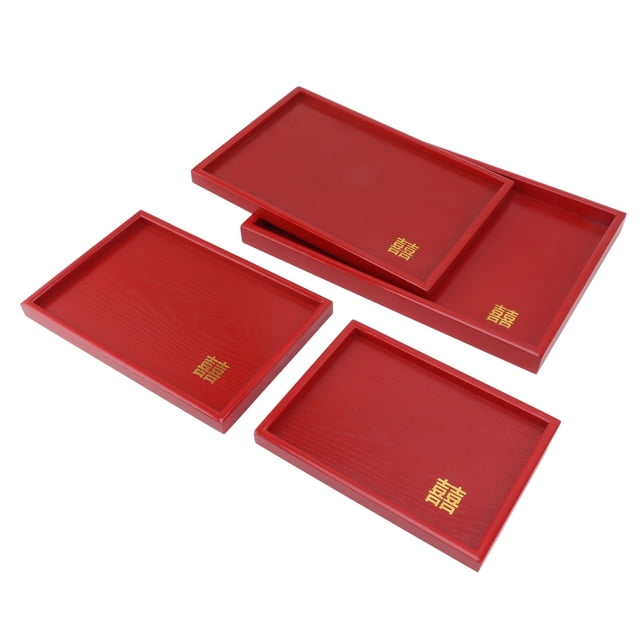 4 Unids Bandejas De Madera Para Servir Juego De Bandejas Decorativas Platos Entretenidos Estilo Chino Boda Roja Té Café Plato De Merienda Fruta De Madera Bandeja De Dulces