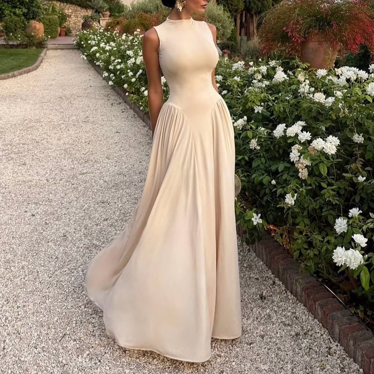 fit and flare beige dress Formal Dresses for Women Elegant High Neck Sleeveless Fit and Flare Maxi  Dress Stretchy Flowy Wedding Guest Evening Dress Beige L