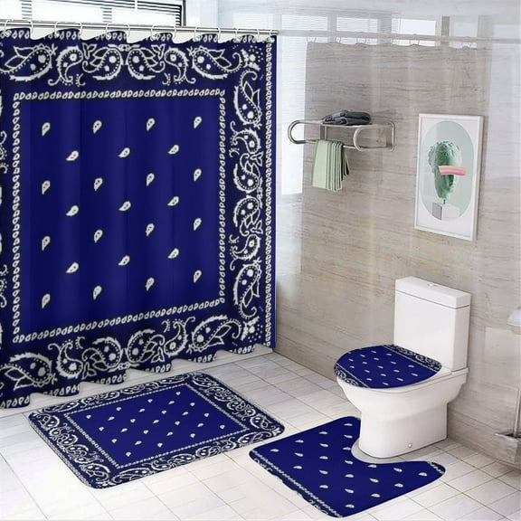 Bandana Pattern Shower Curtain Waterproof Bathroom Curtain Set with Hooks Home Decor Bathroom Curtains 4pcs