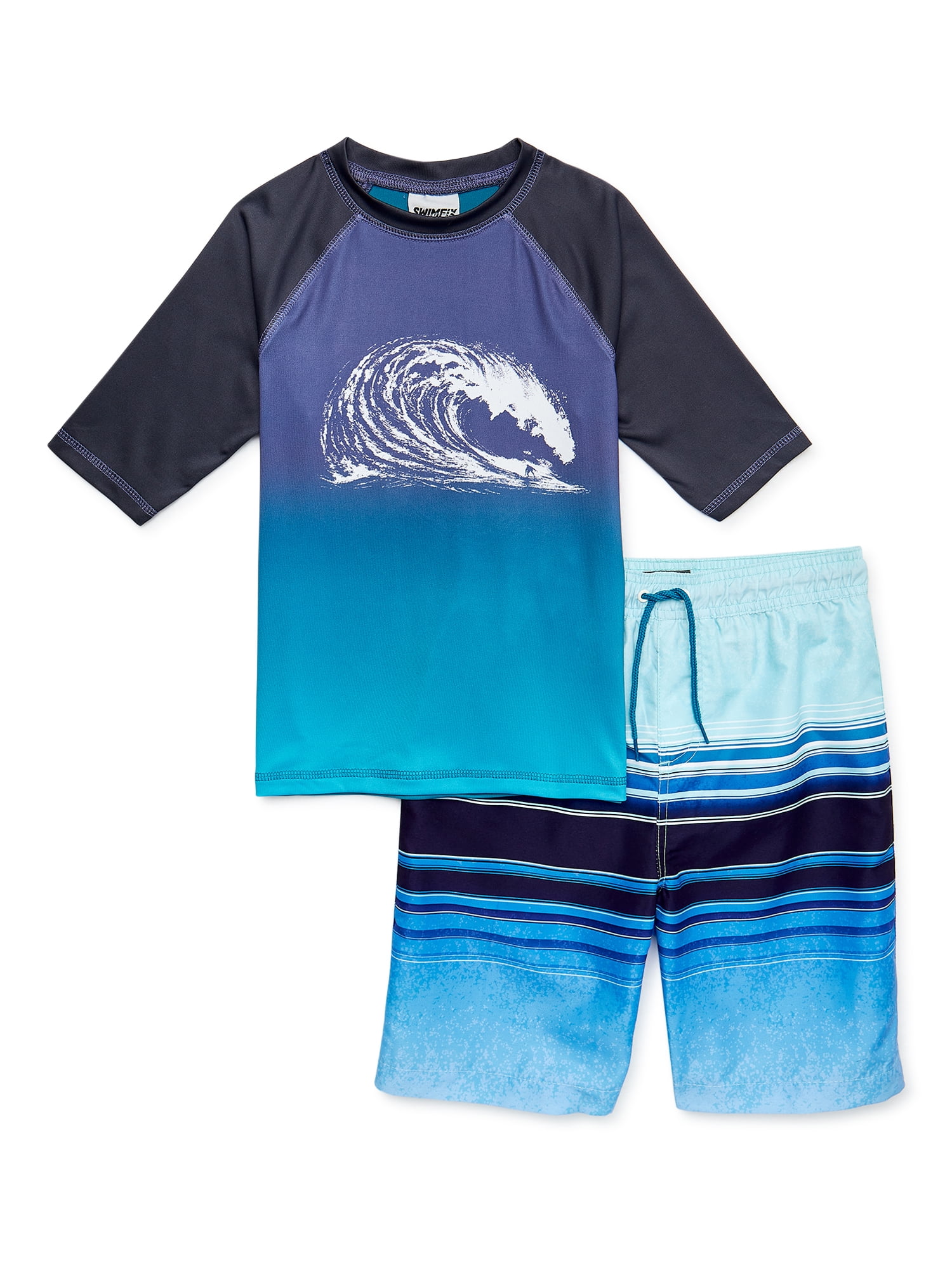 SWIMFIX Boys Short Sleeve Rash Guard and Swim Trunks, 2Piece Swim Set
