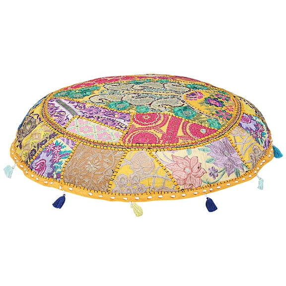 Stylo Culture Indian Meditation Cushion Floor Pillow Vintage Patchwork Cushion Cover Mango Yellow 40x40 Inch Oversized Decorative Round Decor Tuffet Seat Pouf Cover Footstool Cotton Embroidered 1 Pc