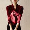 thumbnail image 3 of Suéteres elegantes con cuello en V y cordones para mujer, moda Otoño Invierno, blusas de punto de manga larga de color liso y sencillas, 3 of 5