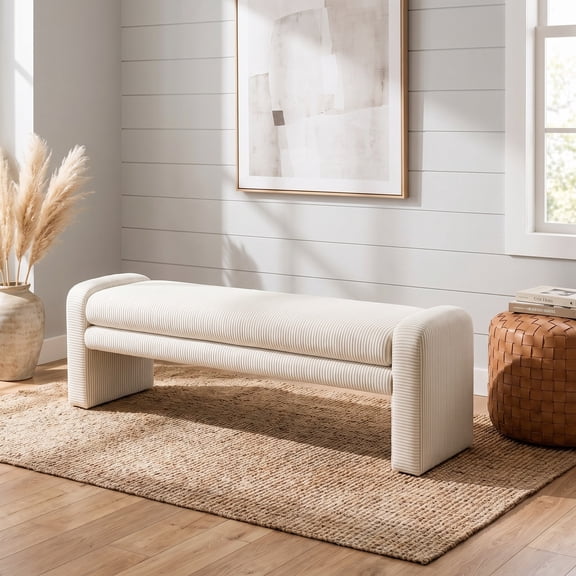 Fnova Corduroy Upholstered Bench with Rounded Armrests, Modern Bedroom Bench for End of Bed Living Room Entryway