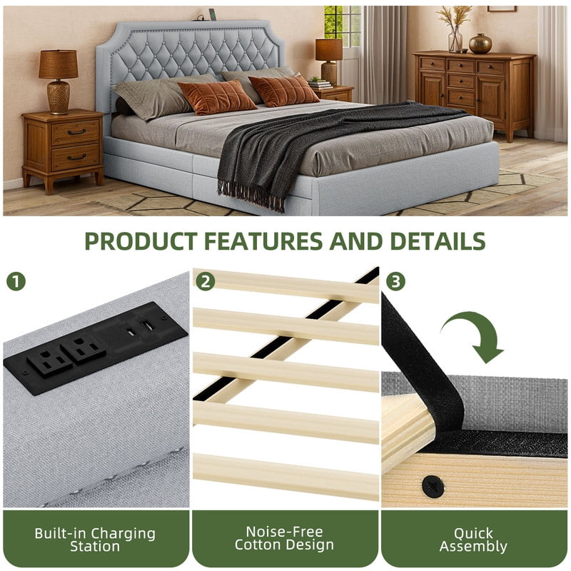 Uforic King Size Bed Frame, Upholstered Bed Frame with Storage Drawers & Adjustable Headboard, Beige