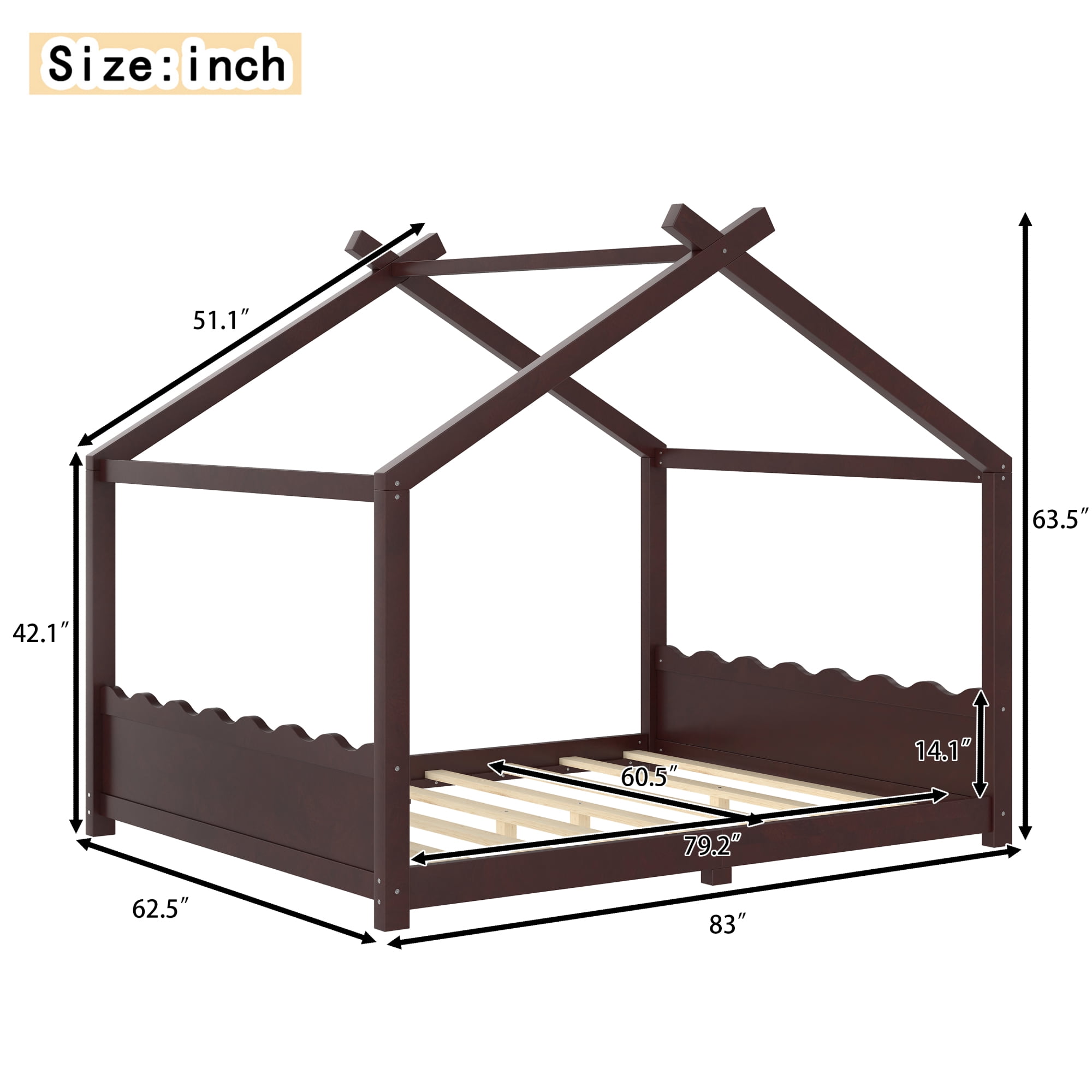 Leumius Queen Size House Shape Bed,Montessori House Bed Solid Wood Floor Bed for Kids,No Box Spring Needed,Espresso