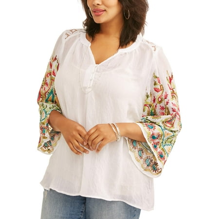 - Women's Plus Embroidered Sleeve Peasant Top