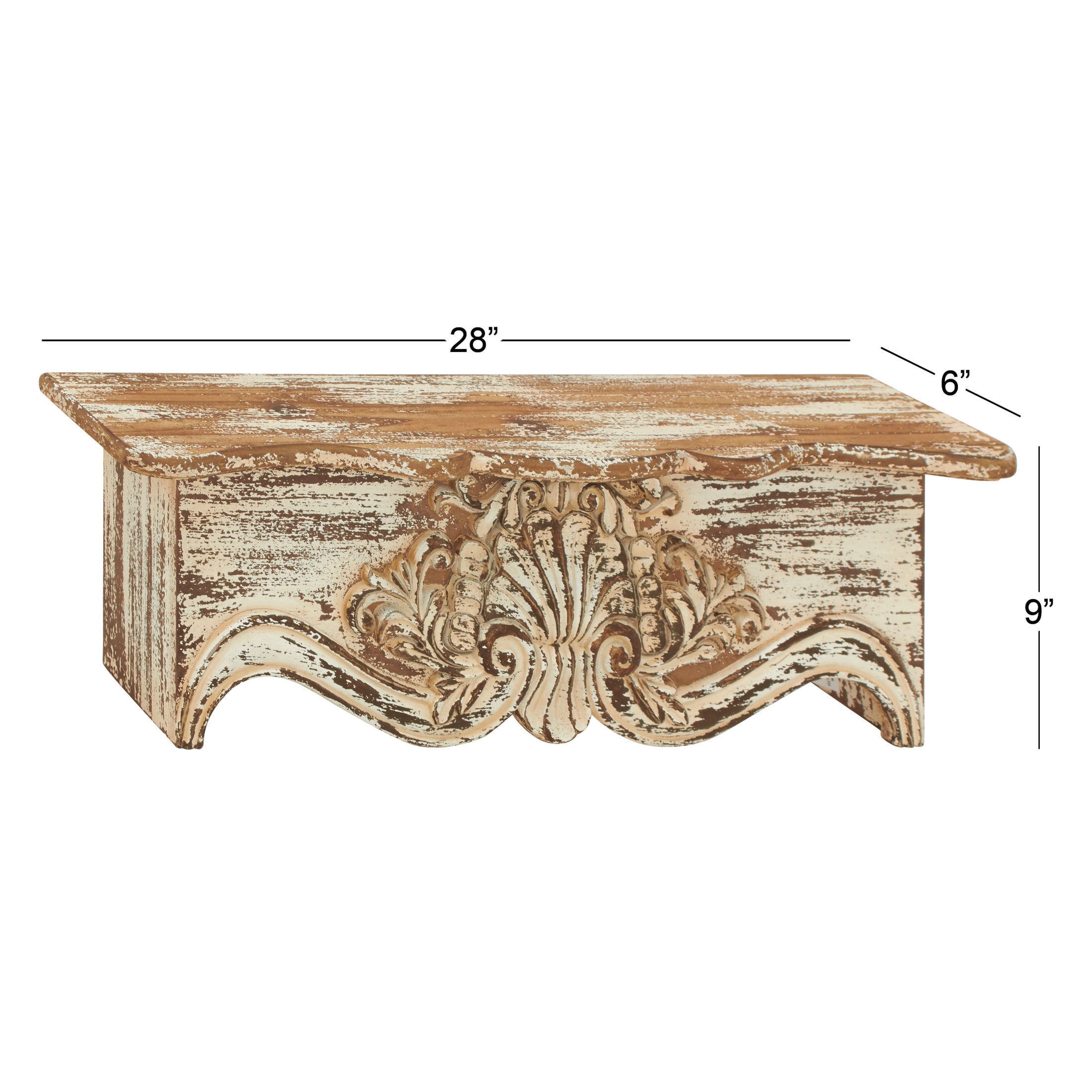 DecMode 28" x 6" Distressed 1-Tier White Scroll Wall Shelf