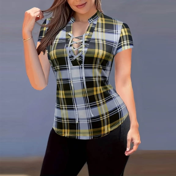Craaazy Women's Casual Fashion Plaid Print Short Sleeve Stand Collar T-Shirt for Spring and Summer Outfits