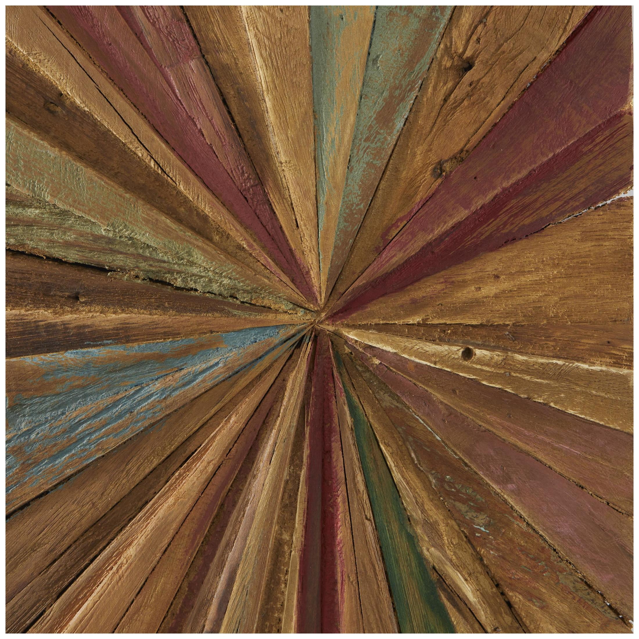 DecMode Multi Colored Teak Wood Handmade Painted Panel Starburst Wall Decor